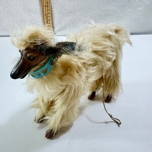 Vintage Afghan Hound Dog Figurine Shaggy Blonde Faux Fur Collectible Toy 10 Inch